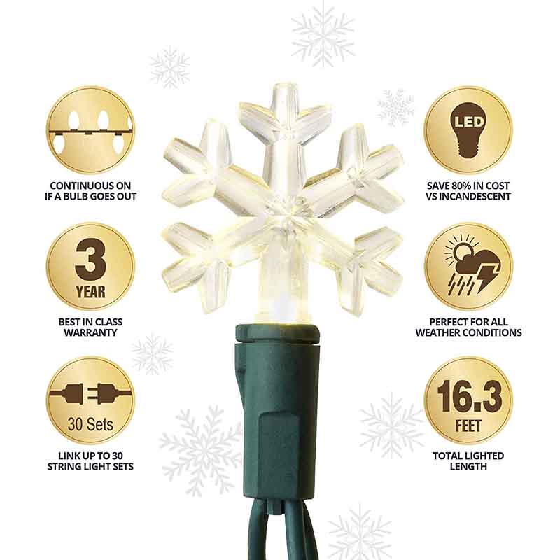Outdoor/Indoor Christmas Lights Snowflake LED, 50-Bulbs per 16.3FT Set, Warm White